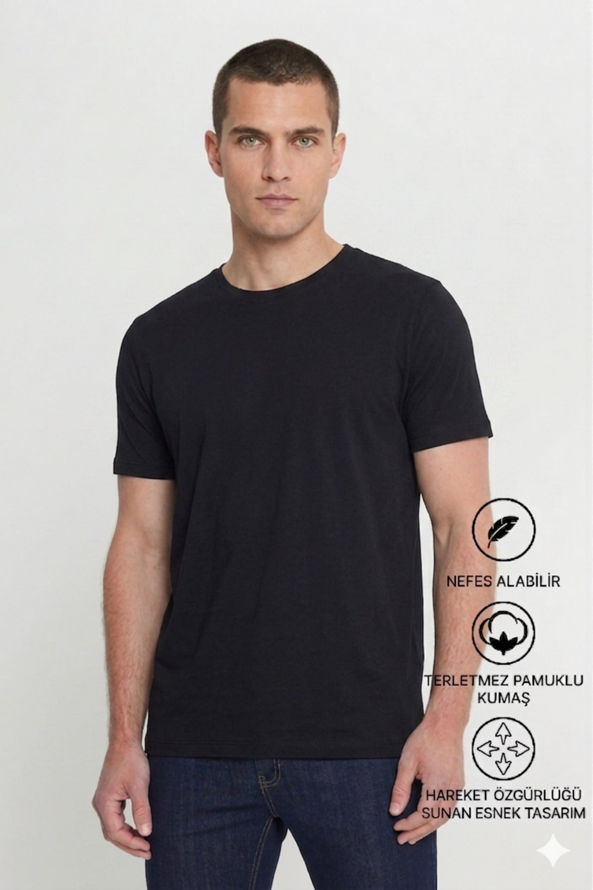 Erkek Slim Fit Bisiklet Yaka Kısa Kollu Yumuşak Tuşeli Basic Siyah Tişört
