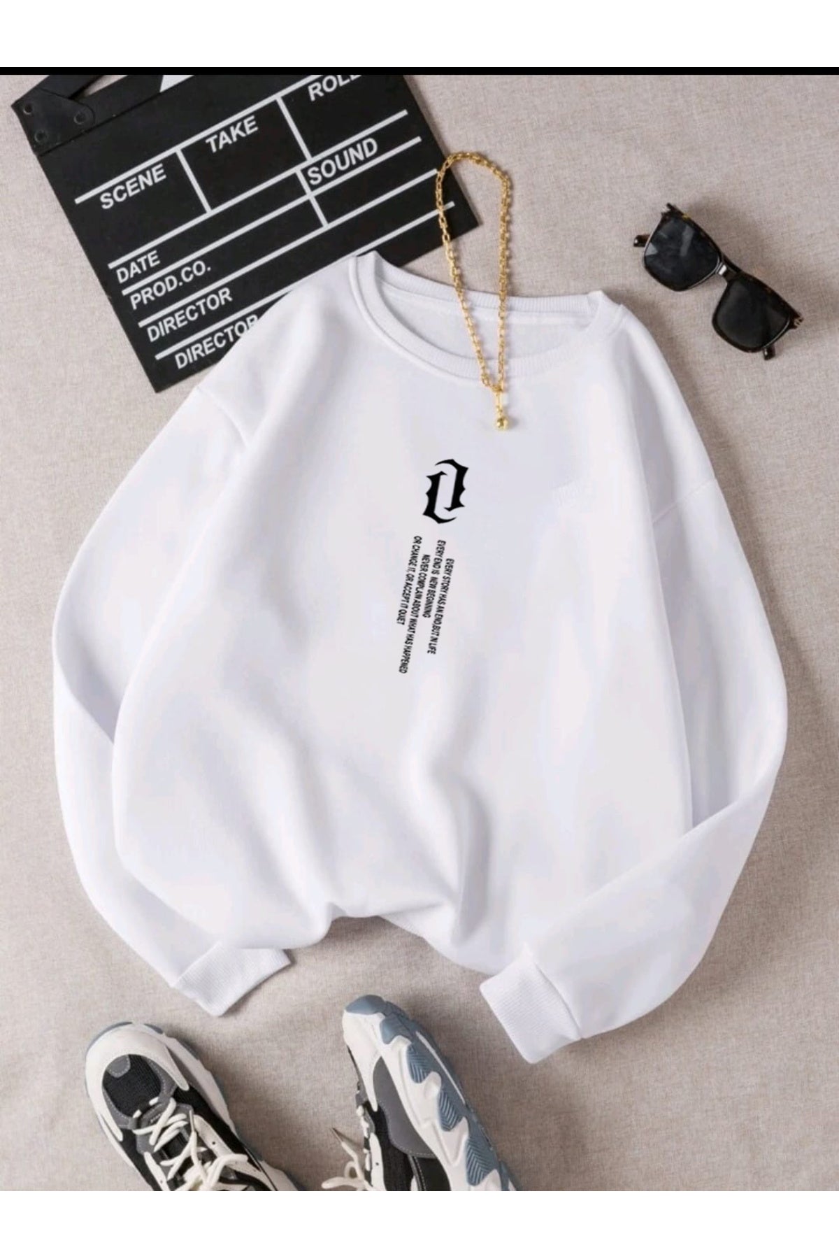 UNISEX Dikey Yazı Baskılı Bisiklet Yaka OVERSIZE Sweatshirt