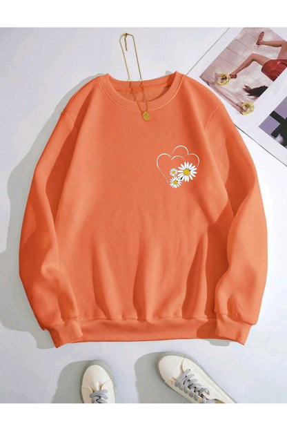 Çizgi Kalp ve Papatya Baskılı Oversize Kalıp Bisiklet Yaka Sweatshirt
