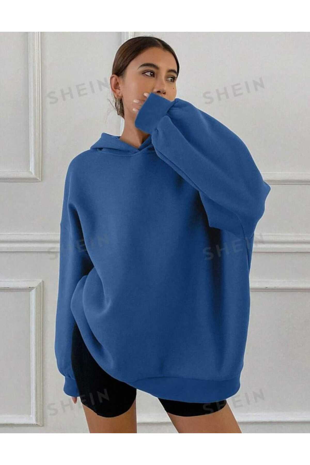 Kapüşonlu Düz Baskısız Giy Çık Oversize Kalıp Sweatshirt
