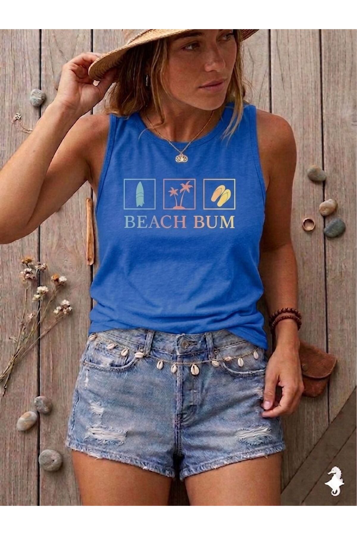 BEACH BUM Baskılı Kadın (Omuzu Açık) Slim Fit Askılı Tshirt