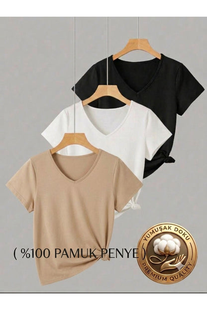 3 ADET V YAKA REGULAR KALIP KADIN TSHİRT ( %100 PAMUK )