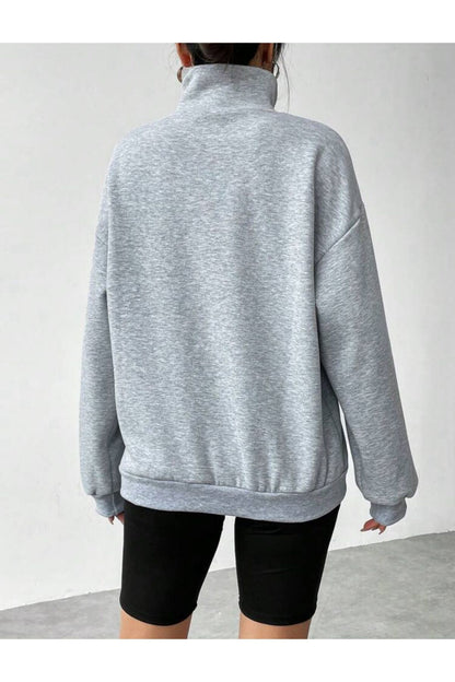 Siyah Dik Yaka Yarım Fermuarlı Düz Kazak Sweatshirt