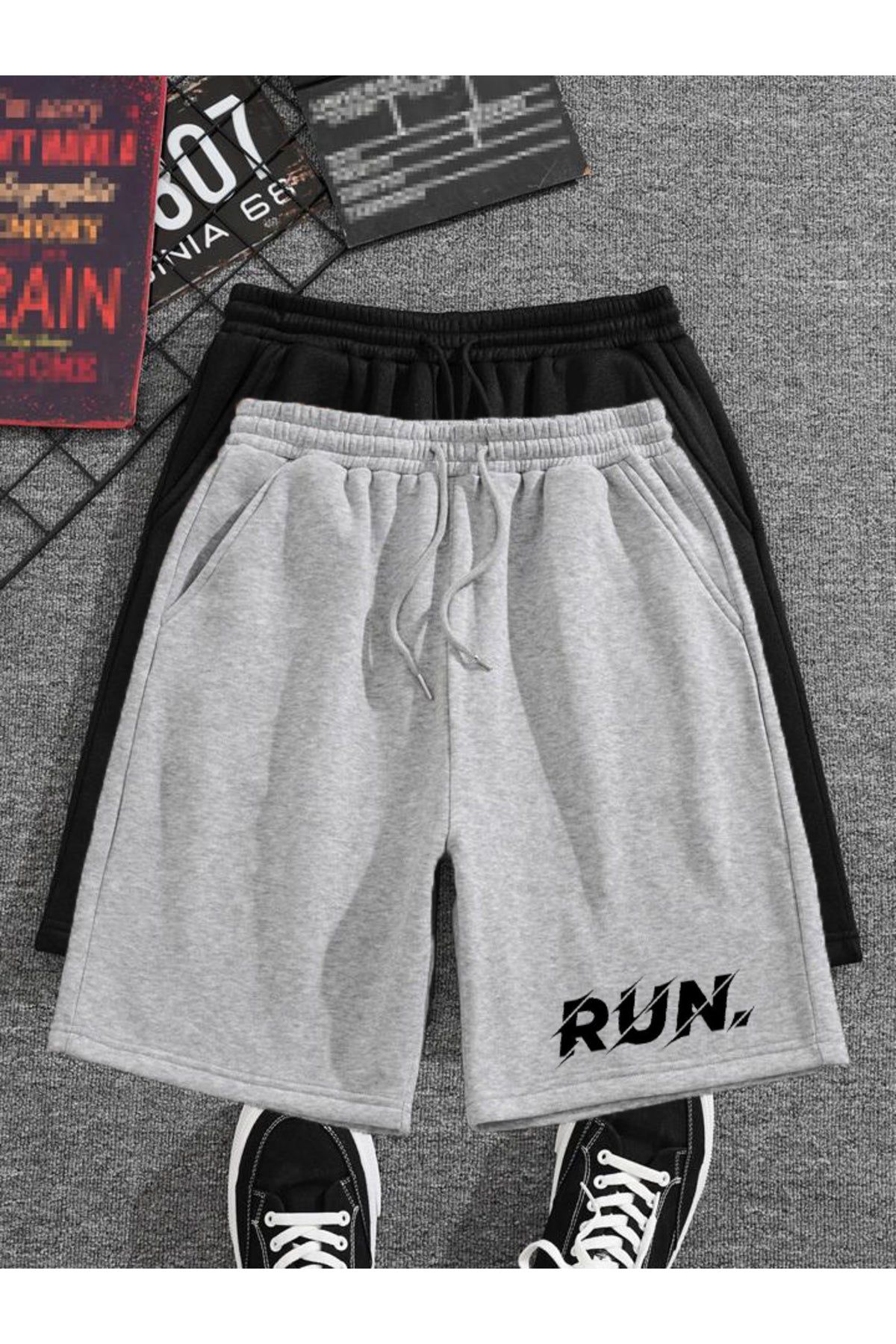 İKİLİ TAKIM Run Baskılı Gri ve Siyah Şort