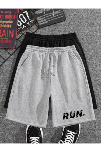 İKİLİ TAKIM Run Baskılı Gri ve Siyah Şort