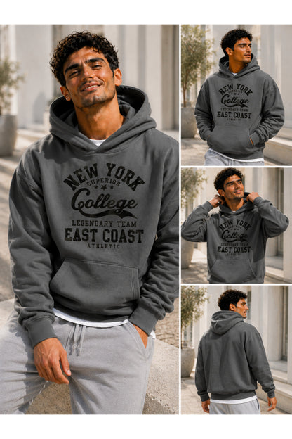 College New York Üç İplik Penye Erkek Kapşonlu Sweatshirt Oversize