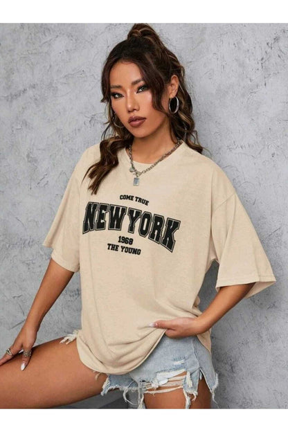 Come True New York Baskılı Oversize Spor Bisiklet Yaka Pamuklu Tshirt