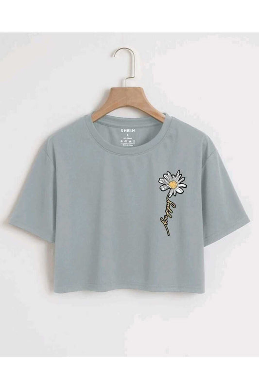 Happy Papatya Baskılı Kadın Oversize Crop T-shirt