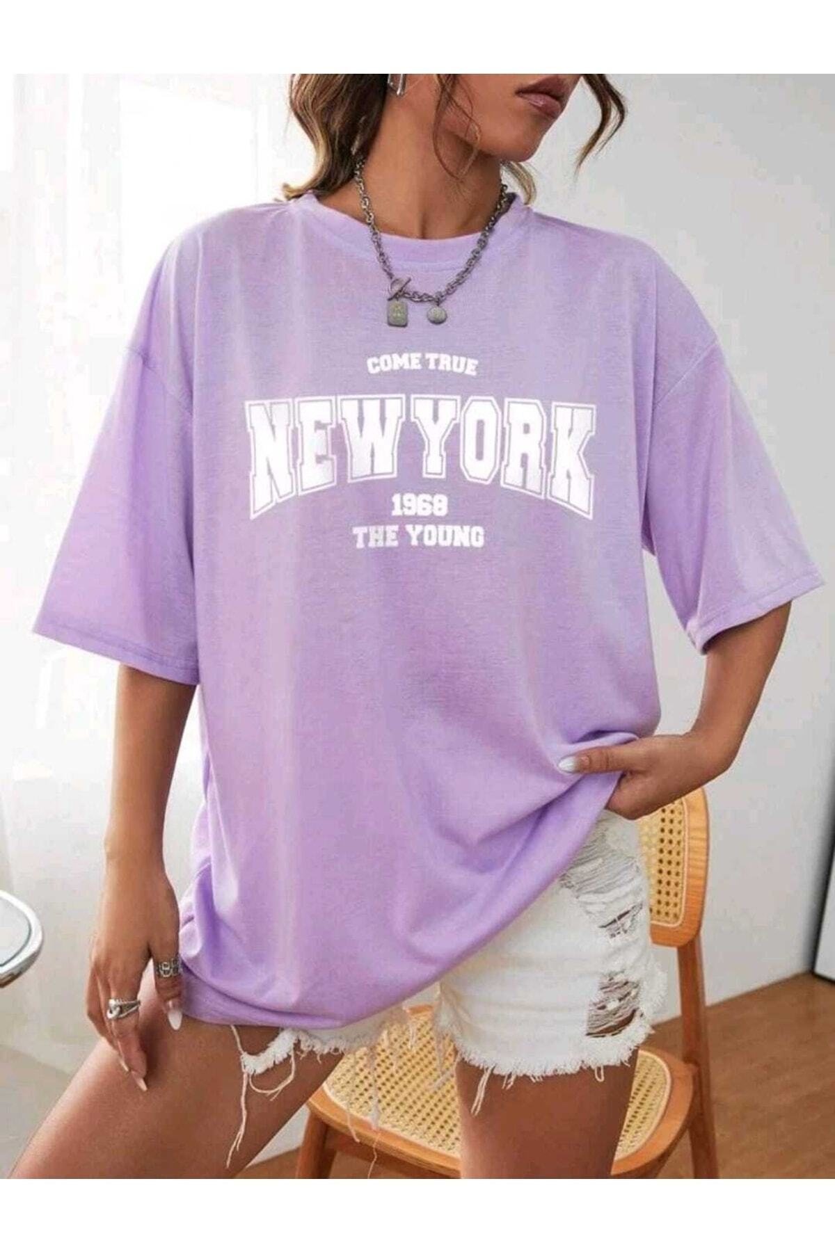 Come True New York Baskılı Oversize Spor Bisiklet Yaka Pamuklu Tshirt
