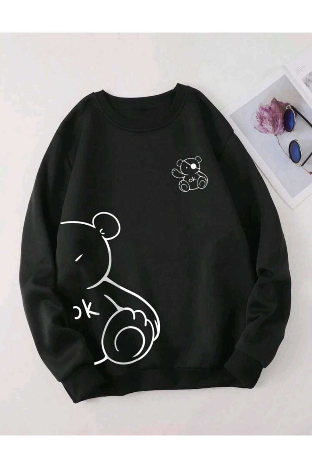 Sevimli Ayı Baskılı Bisiklet Yaka Oversize Pamuklu Sweatshirt ( GENİŞ KALIP )