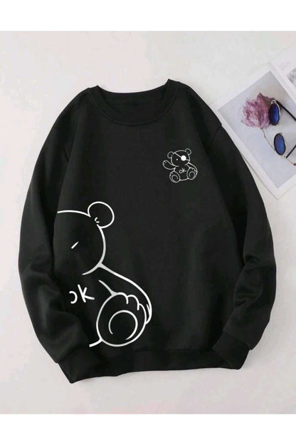 Sevimli Ayı Baskılı Bisiklet Yaka Oversize Pamuklu Sweatshirt ( GENİŞ KALIP )