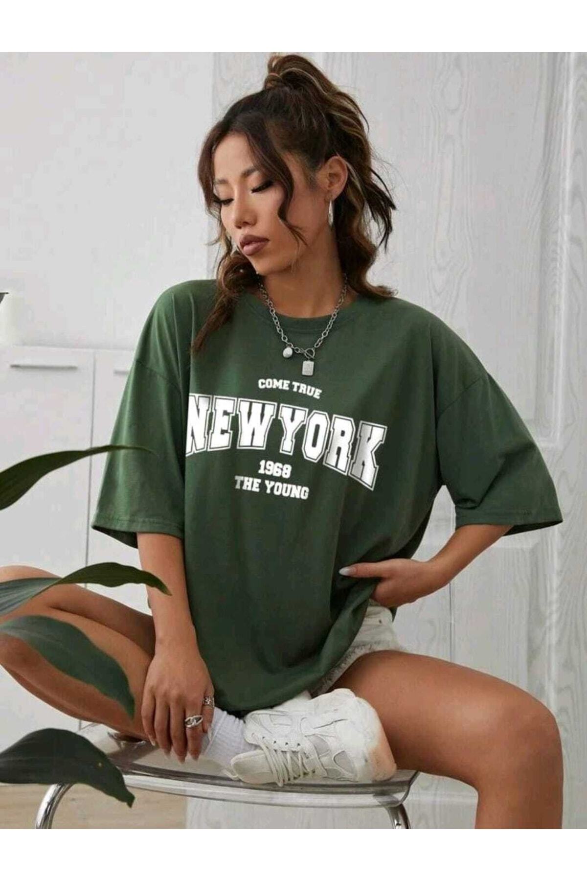 Come True New York Baskılı Oversize Spor Bisiklet Yaka Pamuklu Tshirt
