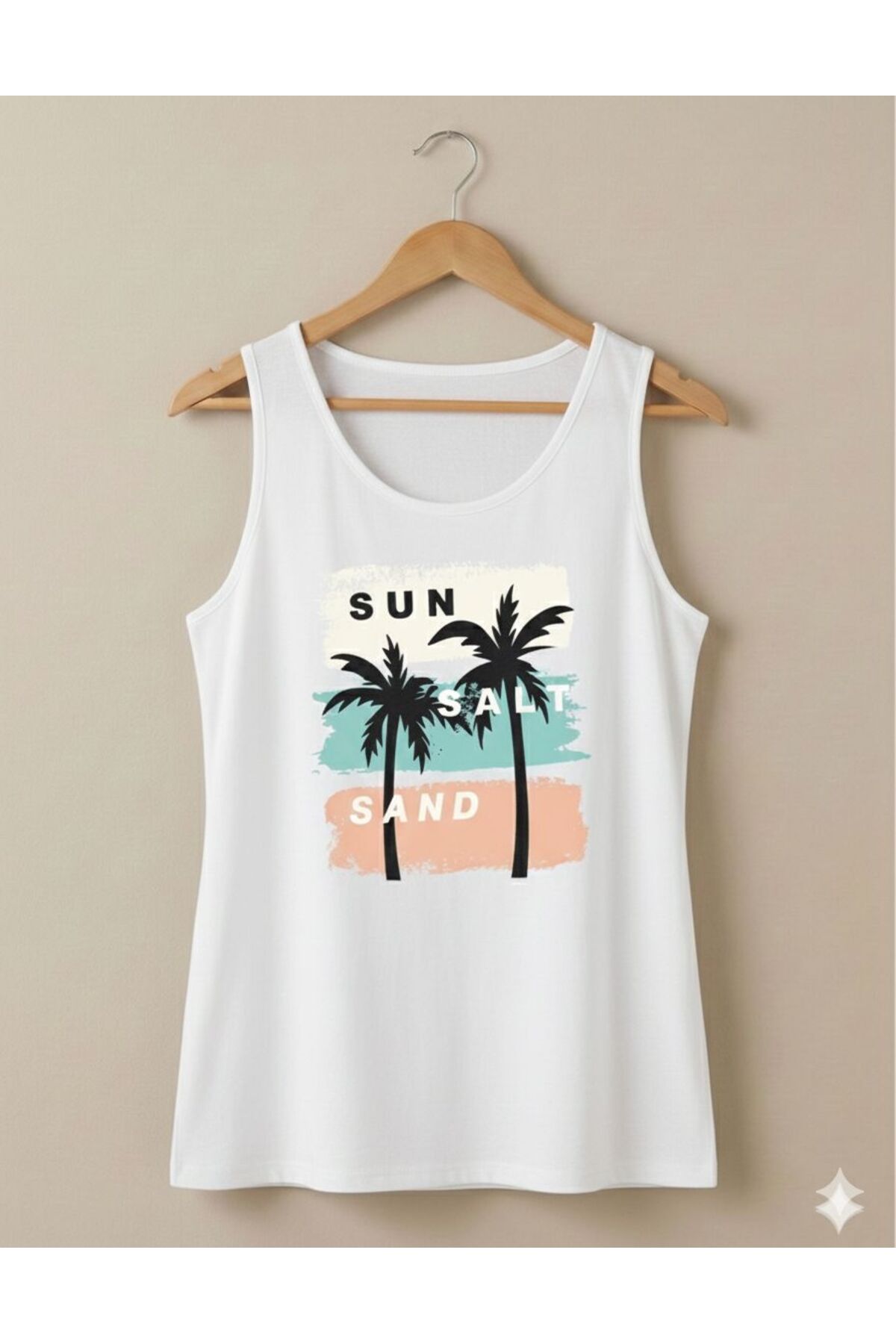 Sun Salt Sand Baskılı Kadın Beyaz Omuzu Açık Askılı Yazlık Pamuklu T-shirt