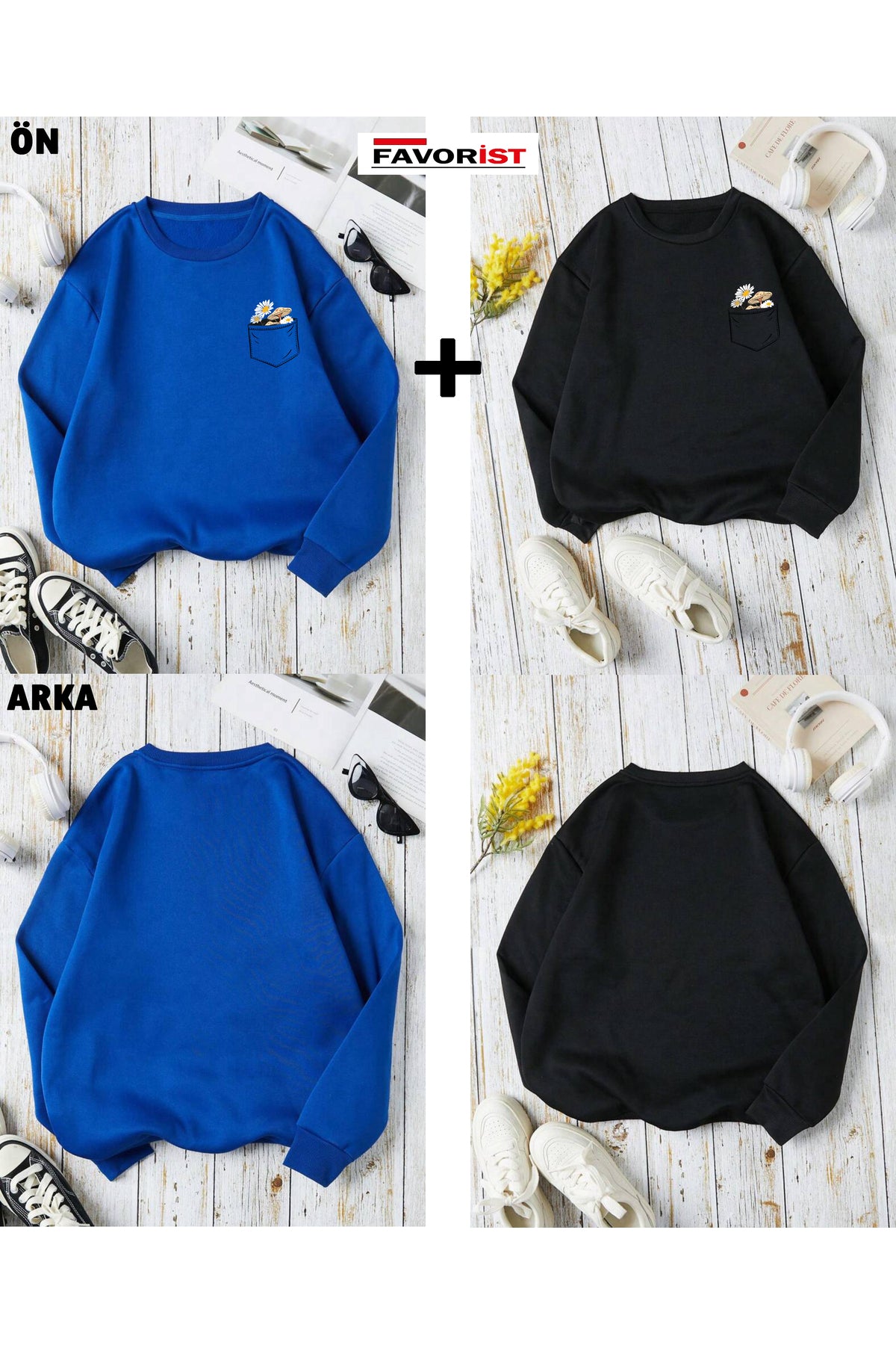 İKİLİ PAKET Çiçek Baskılı Bisiklet Yaka Pamuklu Sweatshirt