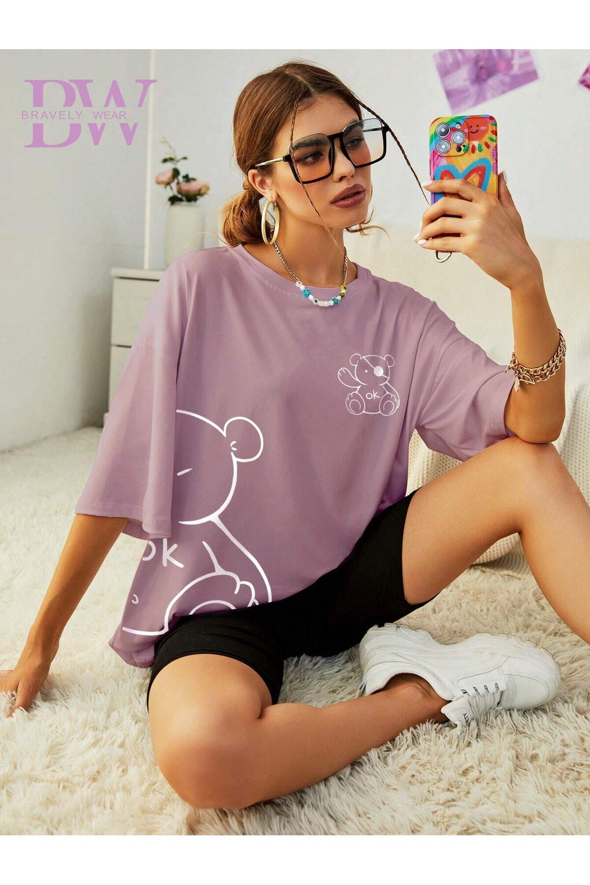 Ayıcık Baskılı Oversize Bisiklet Yaka Pamuklu Tshirt