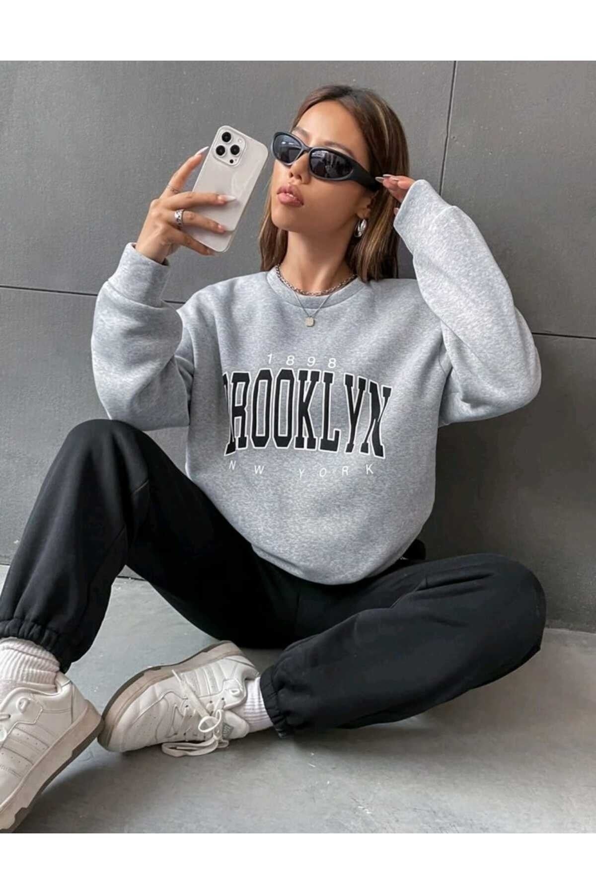 Brooklyn Baskılı Alt Üst Takım Pamuklu Spor Bisiklet Yaka Sweatshirt Ve Lastikli Eşofman Altı