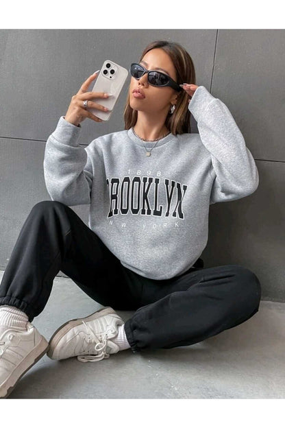 Brooklyn Baskılı Alt Üst Takım Pamuklu Spor Bisiklet Yaka Sweatshirt Ve Lastikli Eşofman Altı