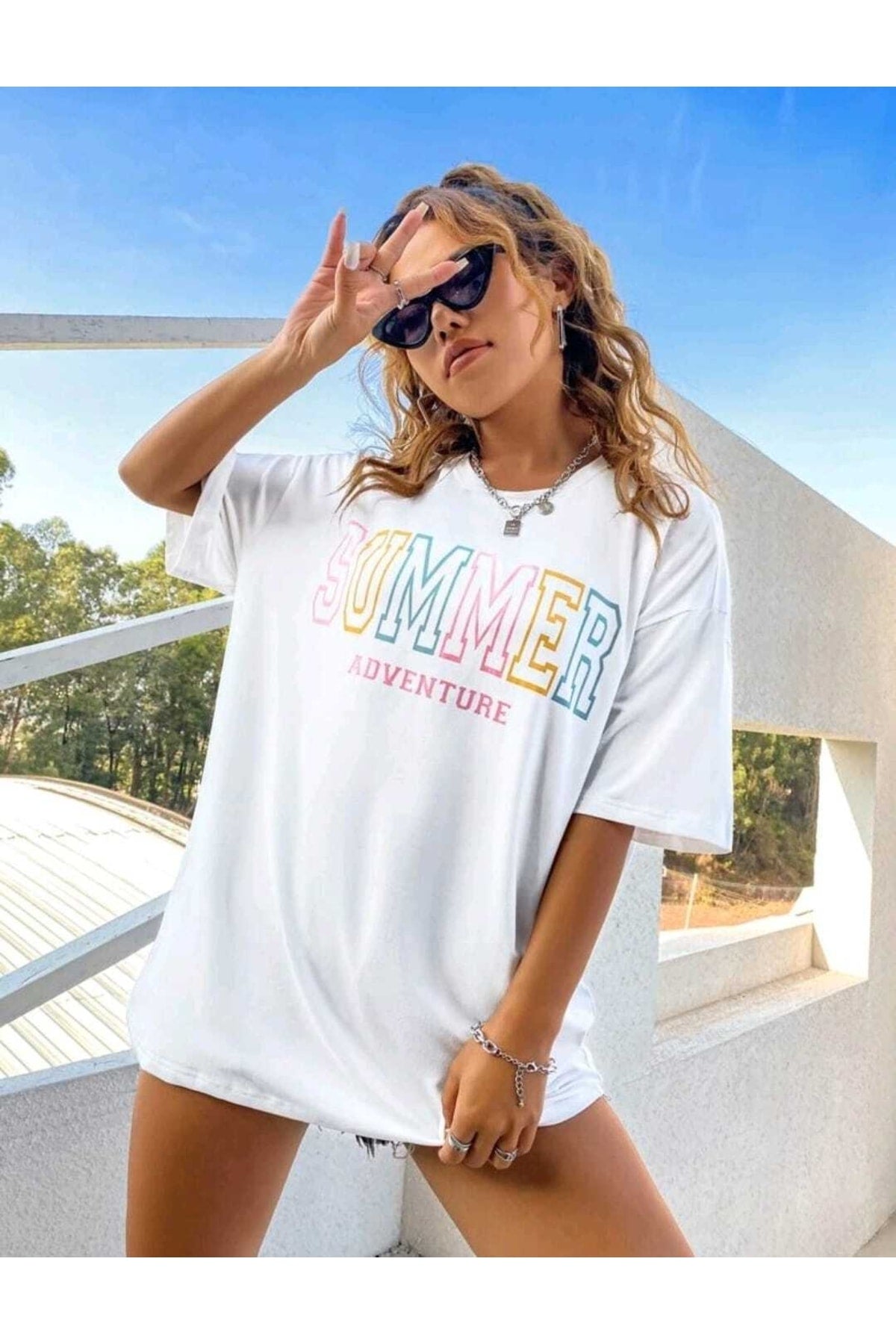 Summer Baskılı Oversize ( Geniş Kalıp ) Bisiklet Yaka Pamuk T-shirt