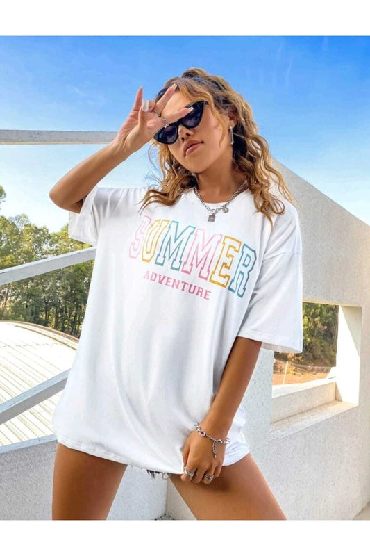 Summer Baskılı Oversize ( Geniş Kalıp ) Bisiklet Yaka Pamuk T-shirt