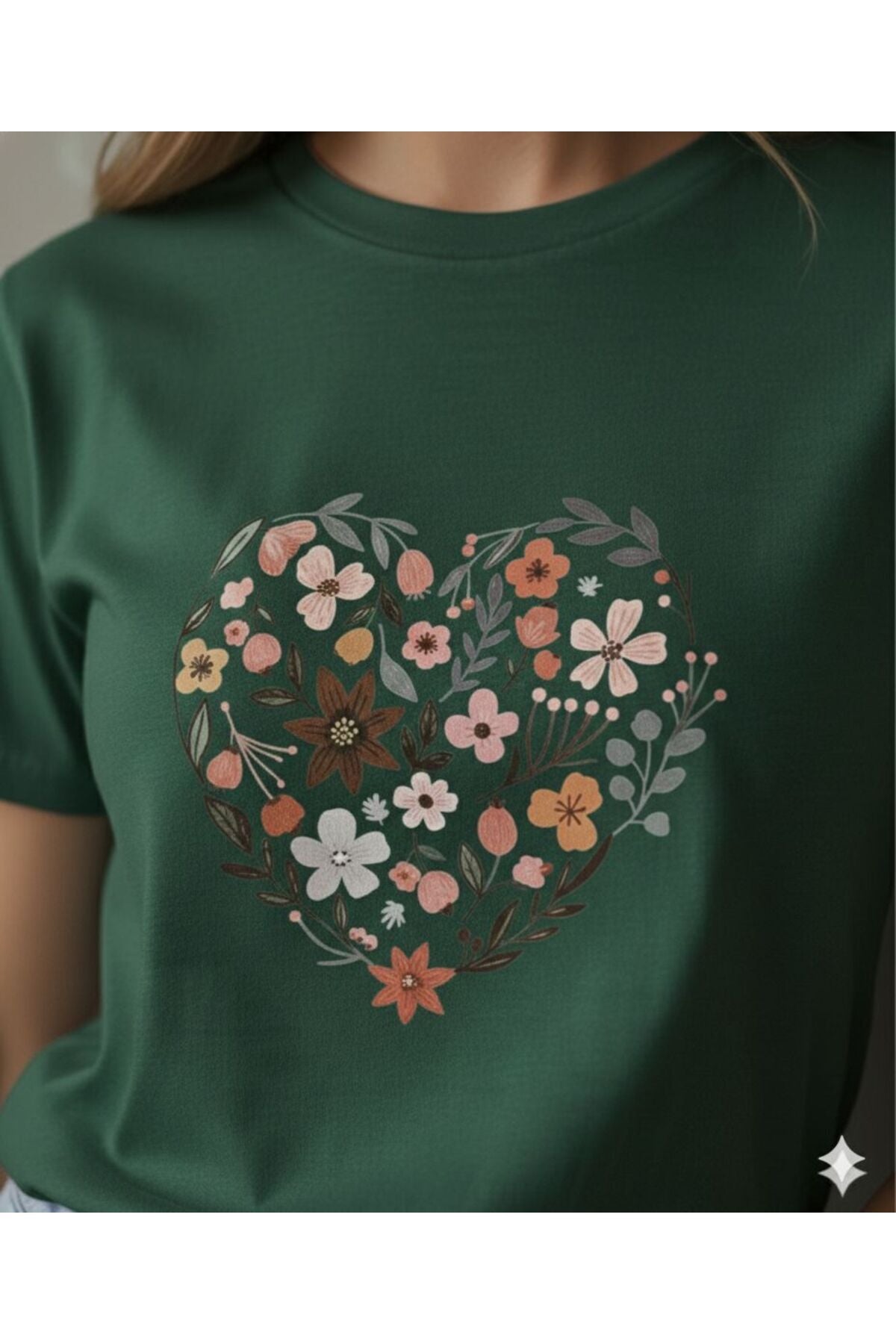 Kalp ve Laleler Baskılı Kadın Bisiklet Yaka Tshirt