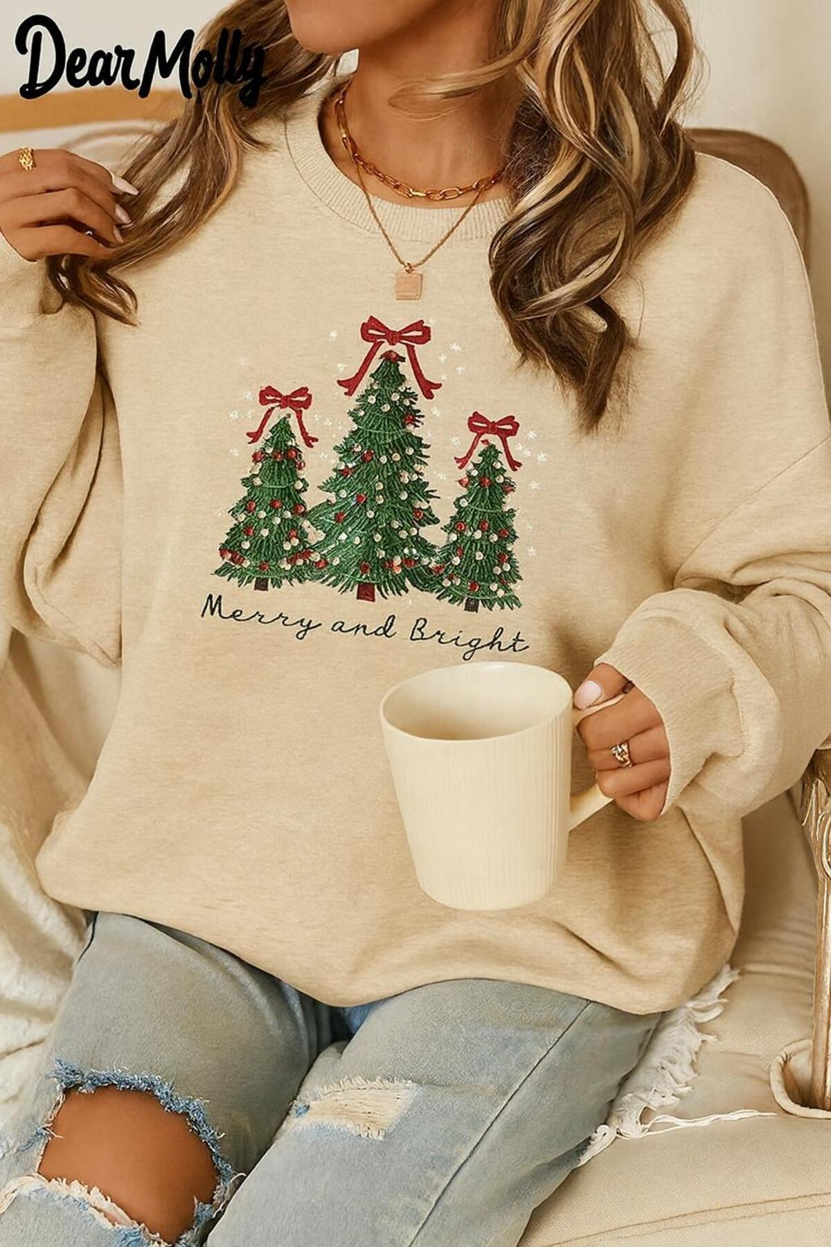 Yılbaşı Çam Ağacı Baskılı Sweatshirt