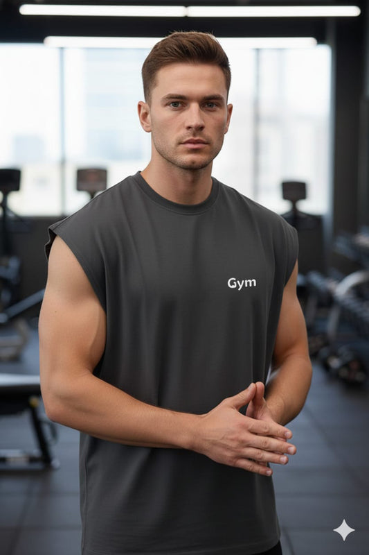 GYM Baskılı Minimal Yazı Sıfır Kol T-Shirt