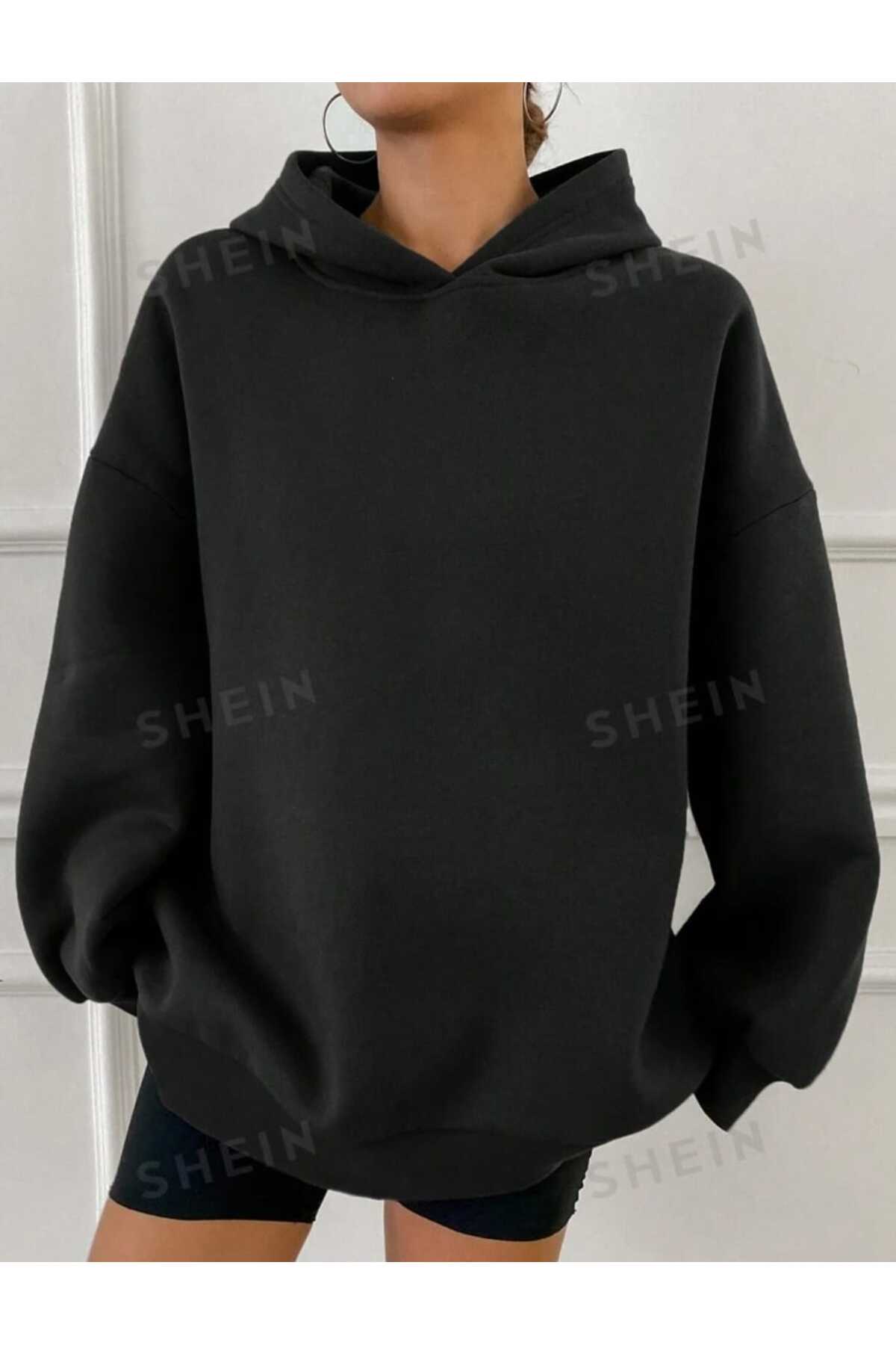 Kapüşonlu Düz Baskısız Giy Çık Oversize Kalıp Sweatshirt