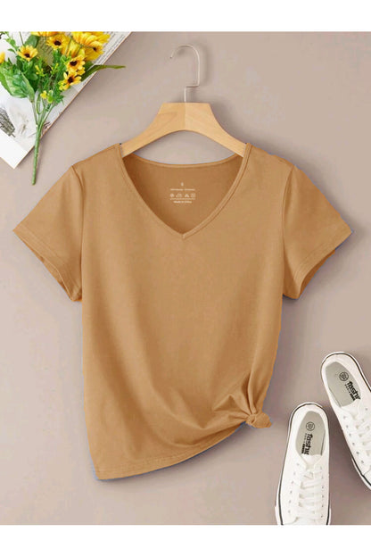 V Yaka (düz Desensiz) Basic Giy Çık Pamuklu Tshirt