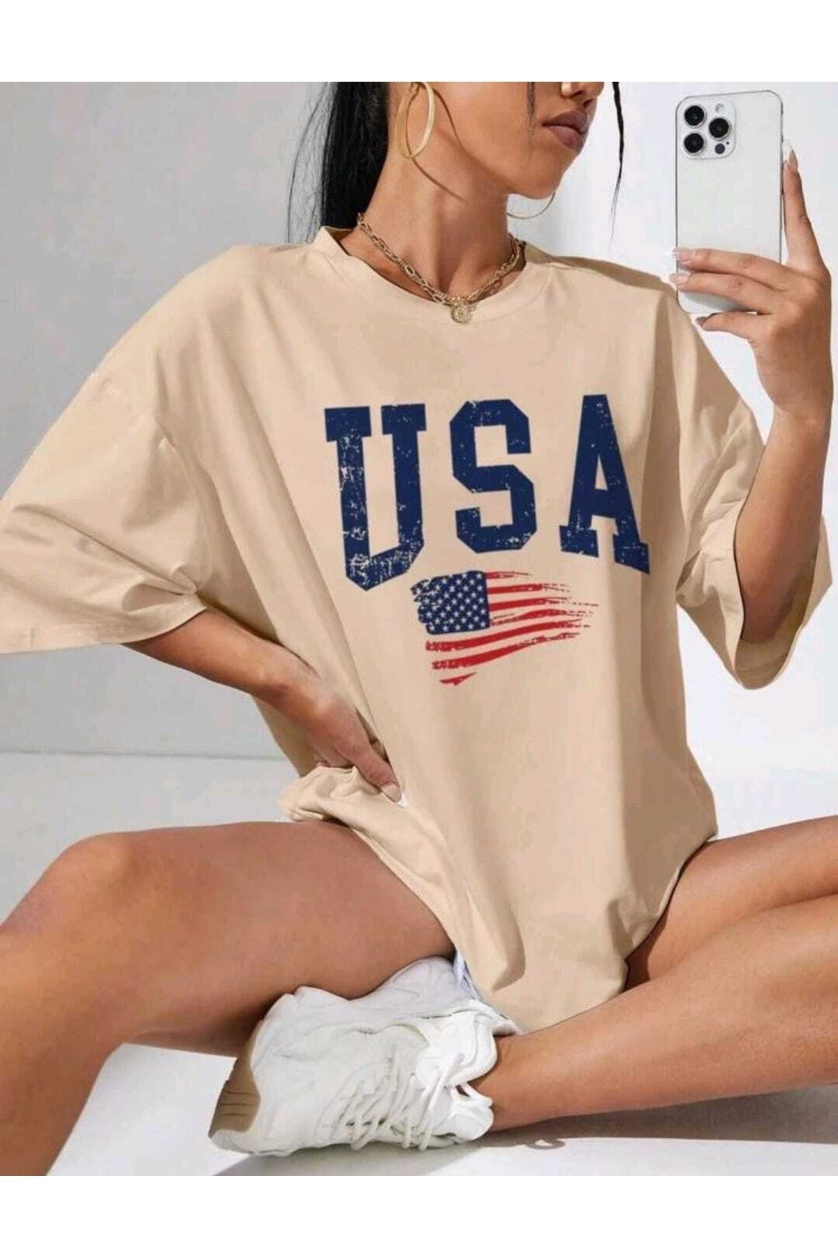 Oversize Usa Baskılı Tshirt