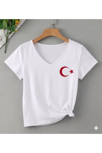 ATATÜRK ve TÜRK BAYRAĞI Baskılı MİX Kadın V YAKA Regular Tshirt