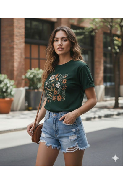 Bahar Dikdörtgen Papatyalar Baskılı Kadın Bisiklet Yaka Tshirt