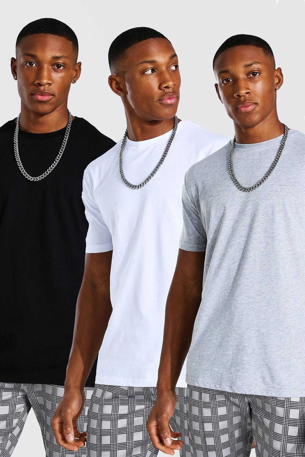 Unisex Siyah Gri Beyaz 3lü Paket Pamuk Tshirt