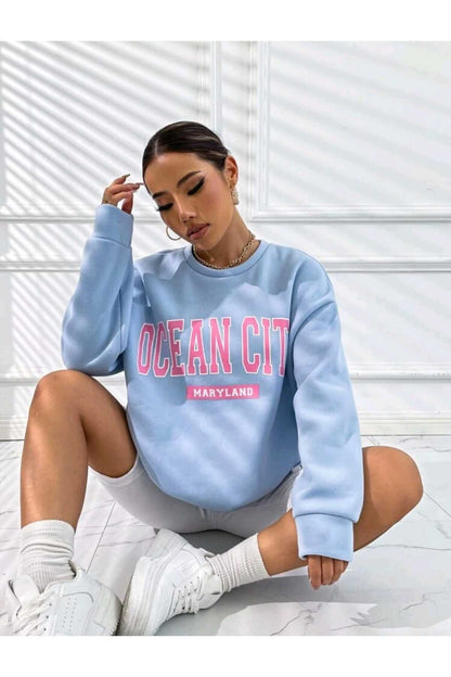 Ocean CITY Baskılı Bisiklet Yaka Sweatshirt