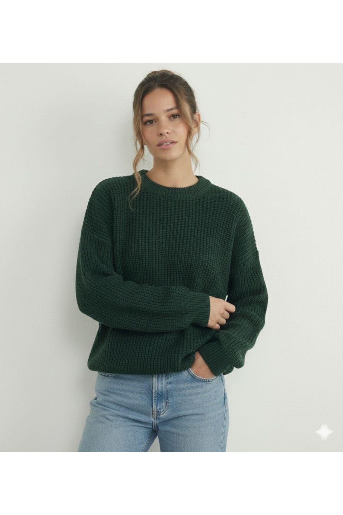 Nefti Yeşil Bisiklet Yaka Oversize Kadın Triko Örme Kazak