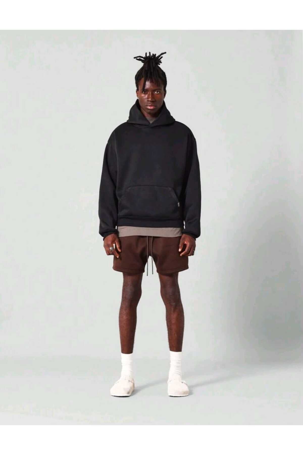 Basic baskısız pamuklu oversize kapüşonlu
