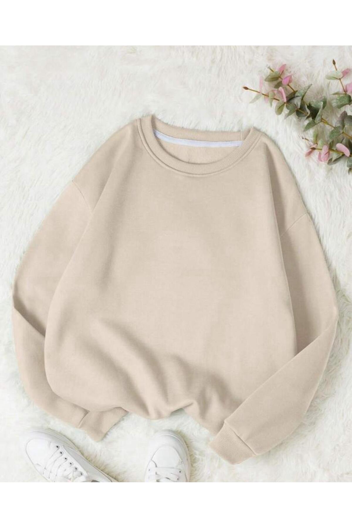 Bisiklet Yaka Sweatshirt Düz Baskısız ( Soft ) Geniş Kalıp