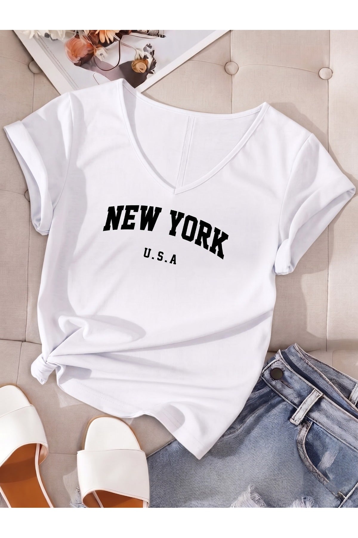 Kadın New York USA Baskılı V Yaka T-shirt