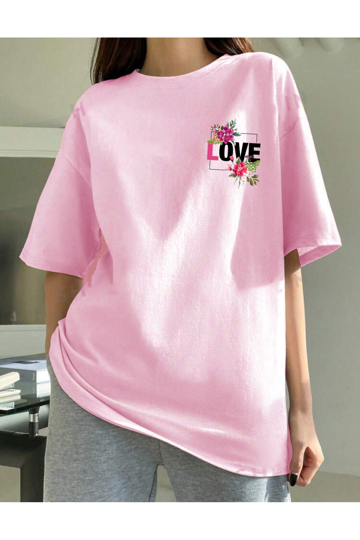LOVE Baskılı Pamuklu Bisiklet Yaka Oversize Tshirt