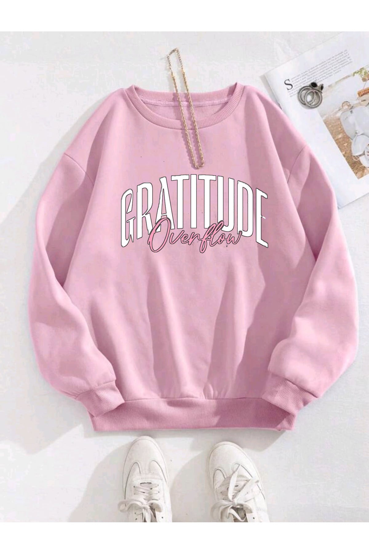 GRATITUDE OVERFLOW Baskılı Bisiklet Yaka Pamuklu Unisex Sweatshirt