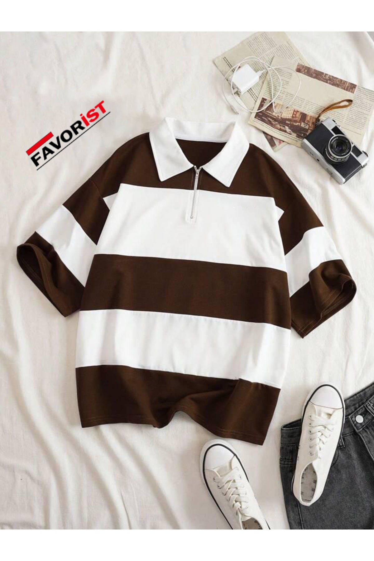 Unisex Multi Renk Düz Çizgili Fermuarlı Polo Yaka Oversize T-shirt