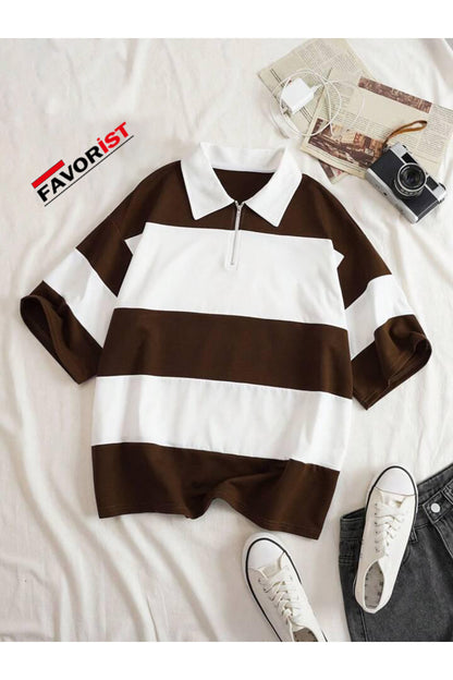 Unisex Multi Renk Düz Çizgili Fermuarlı Polo Yaka Oversize T-shirt