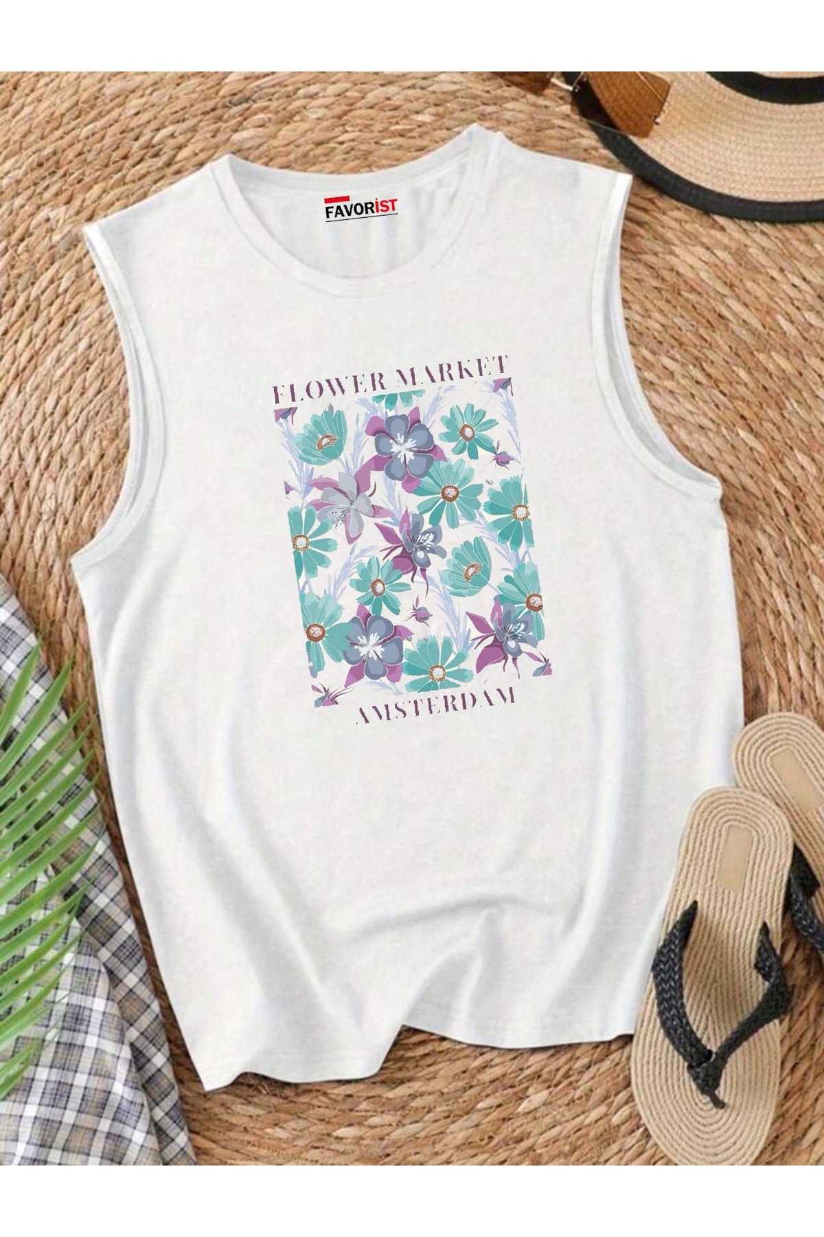 Şehrin Çiçekleri Omuzu Açık Kadın Pamuklu Kolsuz Yazlık T-shirt Atlet