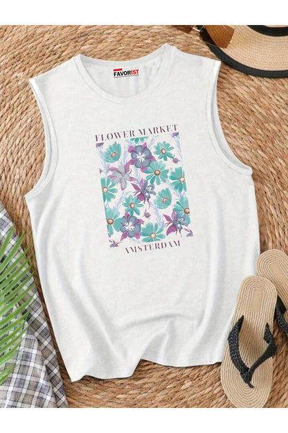 Şehrin Çiçekleri Omuzu Açık Kadın Pamuklu Kolsuz Yazlık T-shirt Atlet