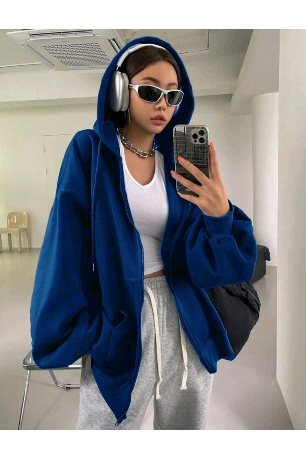 Balon Kol Süper Kalite Pamuklu Unisex Düz Renk Kapüşonlu Oversize Hırka