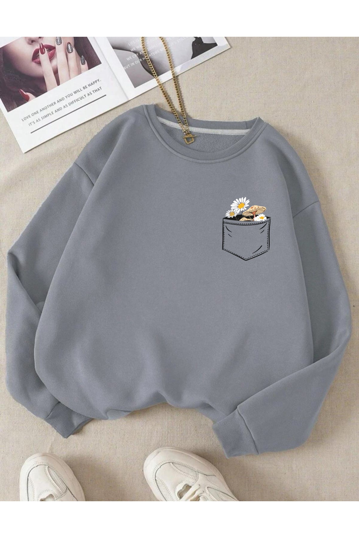 Çiçek Baskılı Bisiklet Yaka Pamuklu Sweatshirt