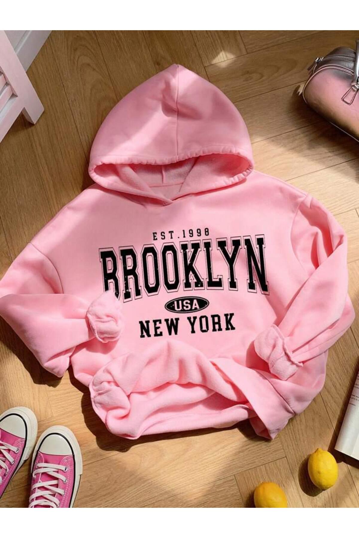 EST.1998 BROOKLYN Baskılı Oversize Kalıp KAPŞONLU Sweatshirt