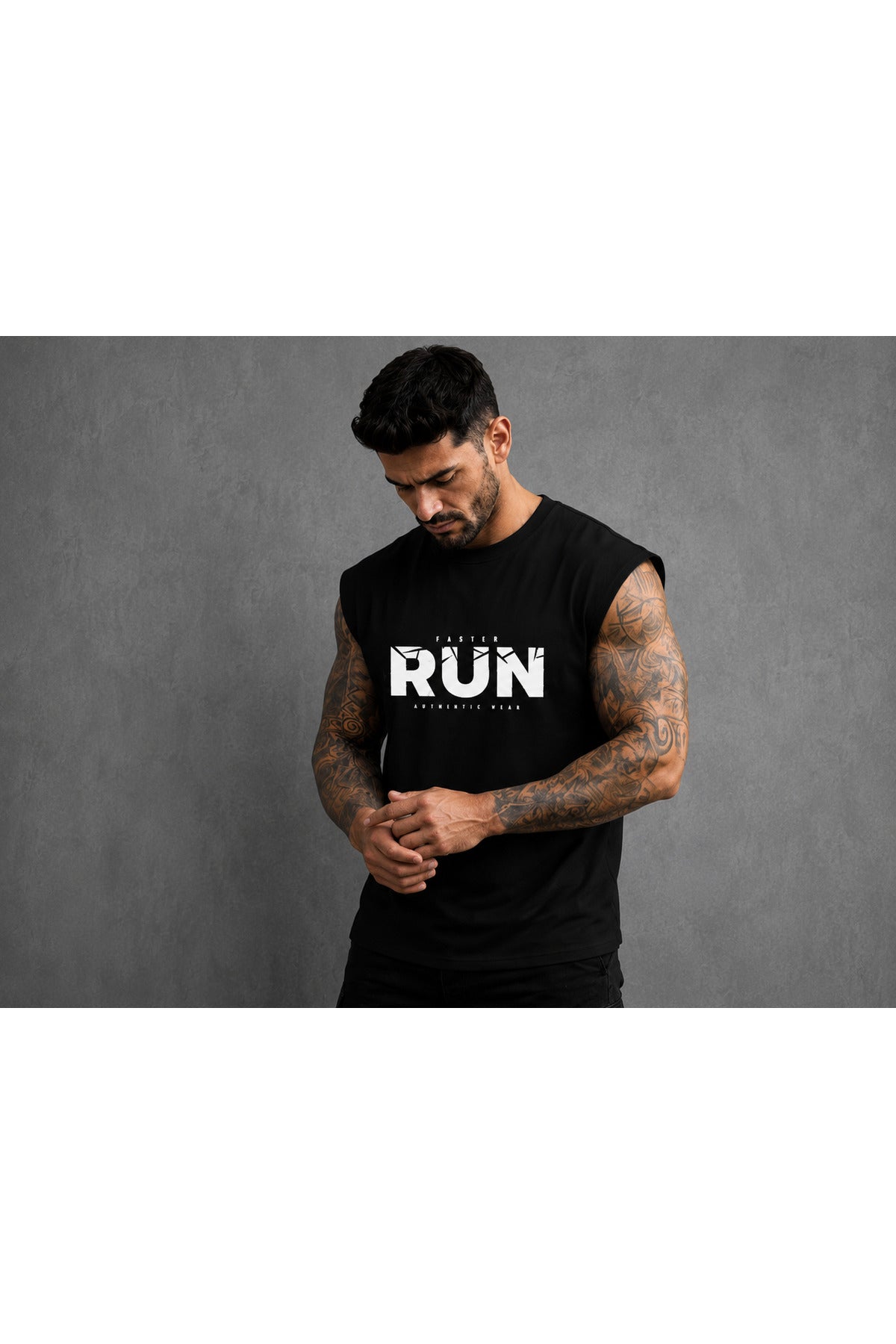 FASTER RUN Baskılı Erkek Sıfır Kol Atlet T-Shirt (%100 PAMUKLU)