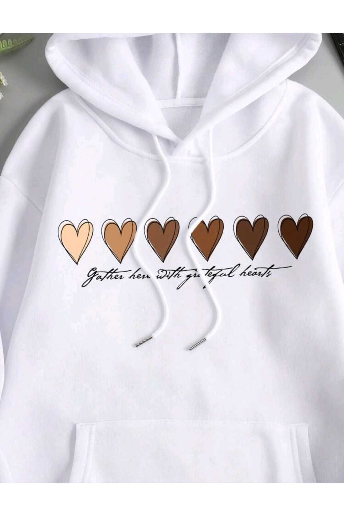 Hearts Baskılı Kapüşonlu Sweatshirt