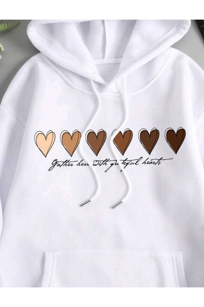 Hearts Baskılı Kapüşonlu Sweatshirt