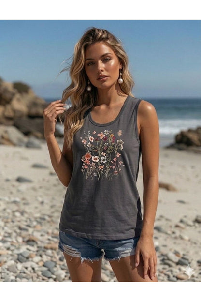 FLOWERS Baskılı (Omuzu Açık) Kadın Slim Fit Askılı Tshirt